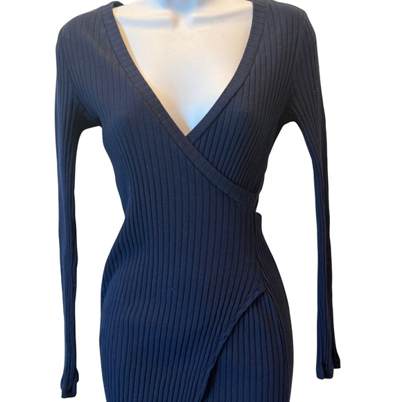 Navy Ribbed Wrap Bodycon Dress Long Sleeve Charlotte Russe Womens S USA - Picture 3 of 10